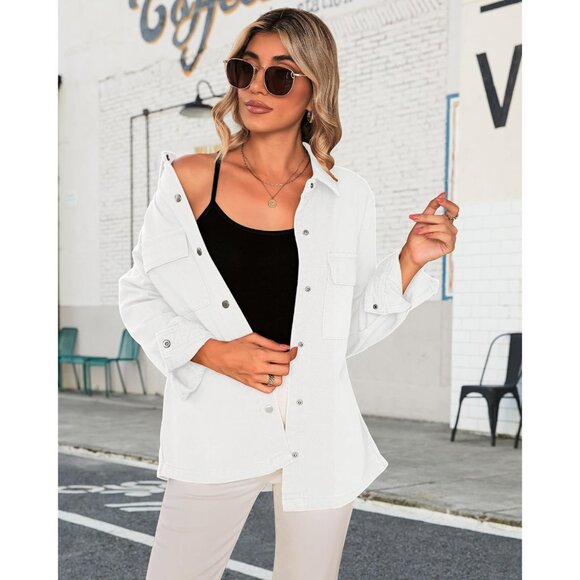 Women's Cotton Denim Jacket Oversized Button-Front Pockets Casual Fall - Picture 7 of 8